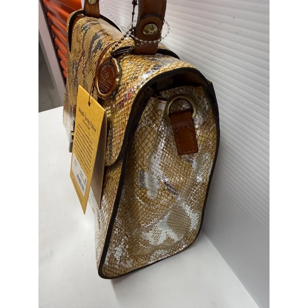 Patricia Nash Leather STINTINO Vintage Leather Flap Satchel  Bag METALLIC‎ GOLD